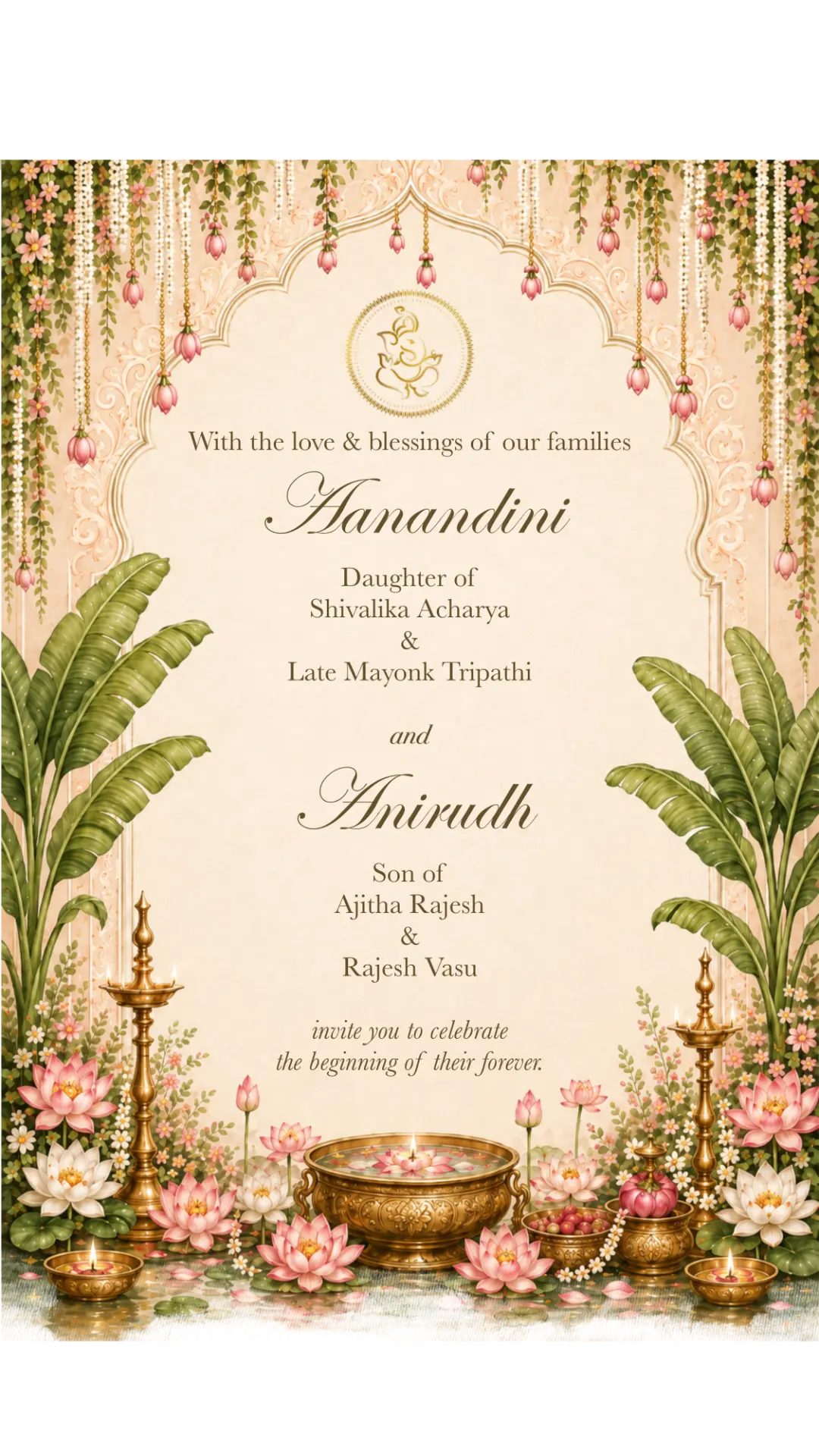 With the love and blessings of our families — Aanandini, daughter of Shivalika Acharya and Late Mayonk Tripathi, and Anirudh, son of Ajitha Rajesh and Rajesh Vasu